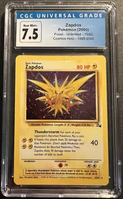 Pokemon TCG WOTC Fossil Zapdos Cosmos Holo Rare Card 15/62 CGC 7.5 NM+ 1999-2000 - Image 1