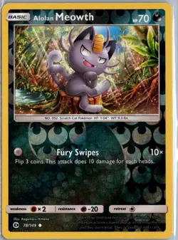 Pokemon Card Alolan Meowth Sun & Moon Reverse Holo 78/149 LP - Image 1
