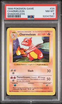 1999 POKEMON BASE SET SHADOWLESS #24 CHARMELEON PSA 8 - Image 1