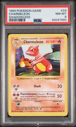 1999 POKEMON BASE SET SHADOWLESS #24 CHARMELEON PSA 8 - Image 1
