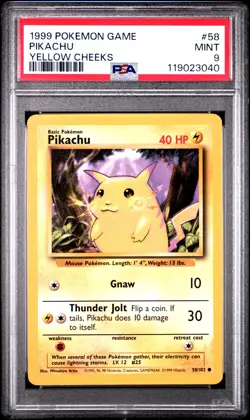 1999 POKEMON BASE SET UNLIMITED YELLOW CHEEKS #58 PIKACHU PSA 9 - Image 1