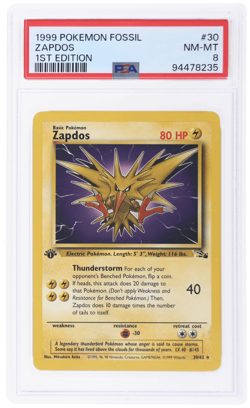 1999 Pokemon Fossil Zapdos 1st Edition Holo #30 PSA 8 - Image 1