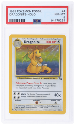 1999 Pokemon Fossil Dragonite Holo #4 PSA 8 - Image 1