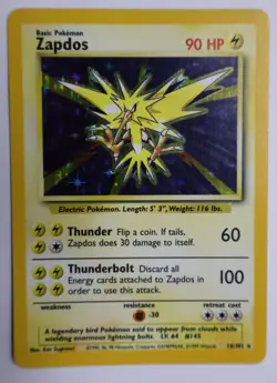 Pokemon TCG Zapdos Base Set Holo Unlimited Rare Card 16/102 NM/VLP Condition - Image 1