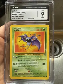 CGC 9 MINT Zubat 57/62 Fossil 1999-2000 Pokemon Card ERROR Printer Hickey - Image 2