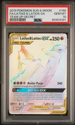 2019 POKEMON SUN & MOON TEAM UP SECRET #190 FULL ART/LATIAS & LATIOS GX PSA 10 - Image 1