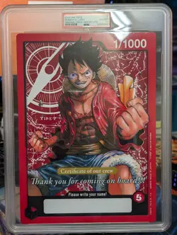 RARE One Piece Card Game - Certificate of Our Crew Oversized Luffy 1/1000 PSA 8 - Image 1