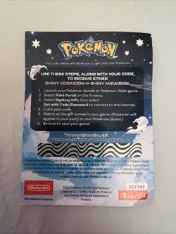 POKEMON SCARLET / VIOLET -SHINY MIRAIDON OR SHINY KORAIDON CODE CARD UNSCRATCHED - Image 2