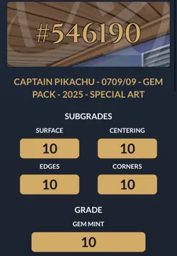 Ace 10 Captain Pikachu Pokemon Card 0709/09 Chinese Exclusive PERFECT SUBGRADES - Image 3