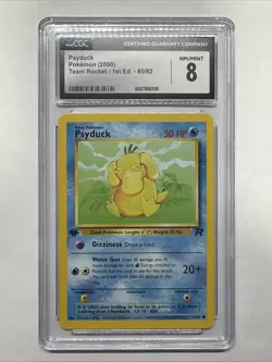 CGC 8 MINT Psyduck 2000 Team Rocket 1st Edition 65/82 Pokemon Card - Image 1
