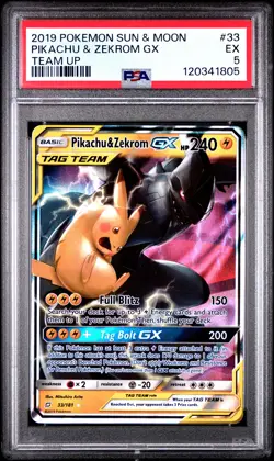 2019 POKEMON SUN & MOON TEAM UP #33 PIKACHU & ZEKROM GX PSA 5 - Image 1
