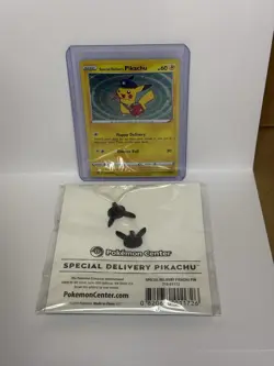 Special Delivery Pikachu Pokemon Center Promo Card and Pin Set SWSH074 (Swirl) - Image 2