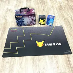Pokemon accessory bundle-Train On playmat-metal lunch Box-2 Ultra Pro deck boxes - Image 1