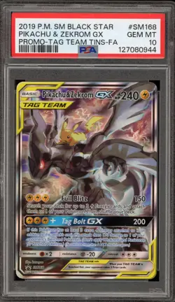 Pokemon Pikachu & Zekrom GX Tag Team Tins Full Art Promo SM168 PSA 10 Gem Mint - Image 1
