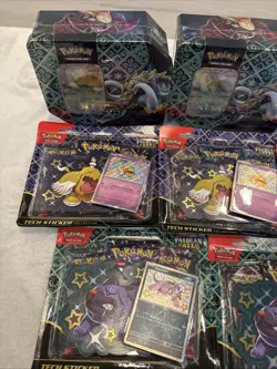 Pokemon Paldean Fates Tin 3x and 3 Pack Tech Stickers 5x Sealed Lot Bundle - Image 2