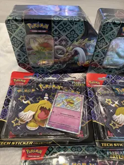 Pokemon Paldean Fates Tin 3x and 3 Pack Tech Stickers 5x Sealed Lot Bundle - Image 3