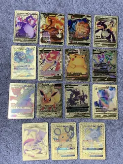Set of 15 Pokemon Charizard,Machamp,Pikachu&More Gold Foil Fan Art Cards LP - Image 1