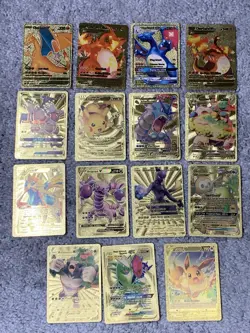 Set of 15 Pokemon Charizard,Snorlax,Gyarados&More Gold Foil Fan Art Cards LP - Image 1