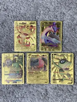 Pokemon Set of 5 Meowth,Lapras,Rowler++Rare Gold Accent Foil Fan Art Cards - Image 1