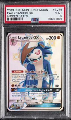 2019 POKEMON SUN & MOON HIDDEN FATES #SV66 FULL ART/LYCANROC GX PSA 9 - Image 1