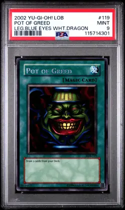 2002 YU-GI-OH! LOB-LEGEND OF BLUE EYES WHITE DRAGON #119 POT OF GREED PSA 9 - Image 1