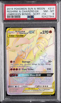 2019 POKEMON SUN & MOON UNBROKEN BONDS FULL ART/RESHIRAM & CHARIZARD GX PSA 8 - Image 1