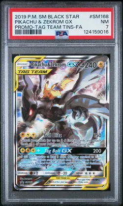 2019 POKEMON SM TAG TEAM TINS FULL ART/PIKACHU & ZEKROM GX PSA 7 - Image 1