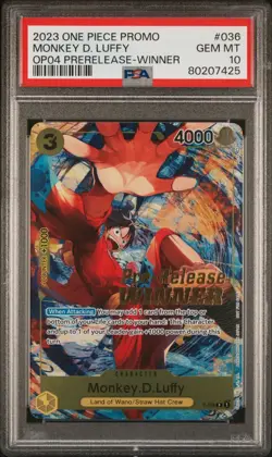Monkey D. Luffy Winner P-036 OP04 Pre-Release Promo One Piece Card PSA 10 - Image 1