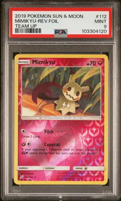 2019 POKEMON SUN & MOON TEAM UP #112 MIMIKYU-REVERSE FOIL PSA 9 - Image 1