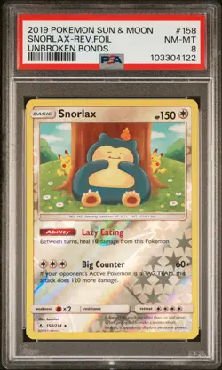 2019 POKEMON SUN & MOON UNBROKEN BONDS #158 SNORLAX-REVERSE FOIL PSA 8 - Image 1