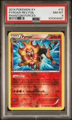 2014 POKEMON XY PHANTOM FORCES #12 PYROAR-REVERSE FOIL PSA 8 - Image 1