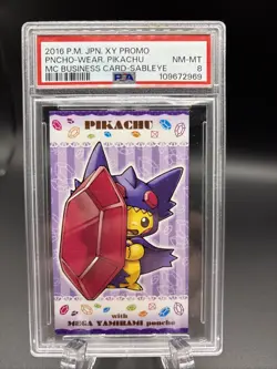2016 JPN XY Promo Poncho Wearing Pikachu MC Business Card Sableye PSA 8 - Image 1