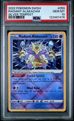 2022 POKEMON SWORD & SHIELD SILVER TEMPEST #059 RADIANT ALAKAZAM PSA 10 - Image 1