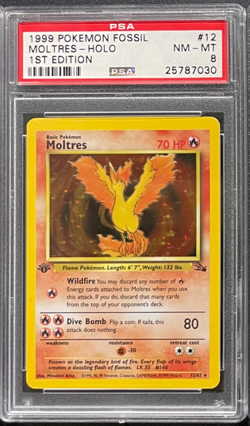 1999 POKEMON FOSSIL 1ST ED #12 MOLTRES-HOLO PSA 8 - Image 1