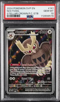 2024 POKEMON STELLAR CROWN POKEMON CENTER ETB PROMO #141 NOCTOWL PSA 10 - Image 1