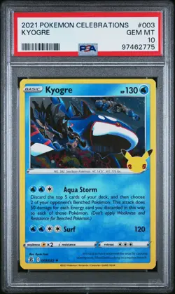 Pokemon Card PSA 10 KYOGRE Holo Rare #003 Sword & Shield Celebrations - Image 1