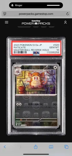 Pokemon Raticate Master Ball Holo U 020/165 SV2a Card PSA 10 - Image 1