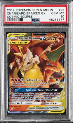 2019 POKEMON SUN & MOON COSMIC ECLIPSE #22 CHARIZARD & BRAIXEN GX PSA 10 - Image 1