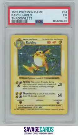 1999 Pokemon Classic - Base Set Raichu PSA 5 #14/102 Holo Shadowless - Image 1