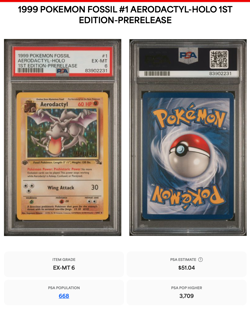 PSA 6 Aerodactyl 1st Edition Prerelease Holo 1/62 Fossil Pokemon TCG RARE CARD - Image 1