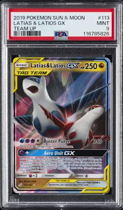 2019 POKEMON SUN & MOON TEAM UP #113 LATIAS & LATIOS GX PSA 9 - Image 1