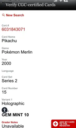 2000 POKEMON MERLIN SERIES 2 PIKACHU-PRISM #15 CGC 10 Gem Mint! RARE! - Image 3