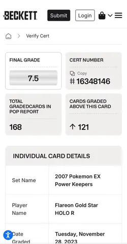 2007 Pokemon Gold Star Flareon #100 Ex Power Keepers Holo BGS 7.5 - Image 3