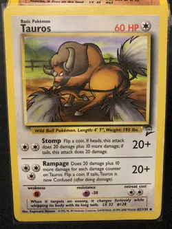 Tauros 62/130 - Uncommon - Vintage 2000 English Base Set 2 Pokemon Card - HP - Image 1