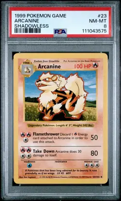 1999 POKEMON BASE SET SHADOWLESS #23 ARCANINE PSA 8 - Image 1