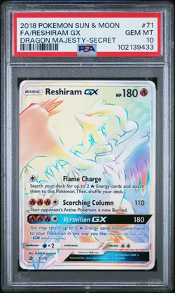2018 POKEMON SUN & MOON DRAGON MAJESTY SECRET #71 FULL ART/RESHIRAM GX PSA 10 - Image 1