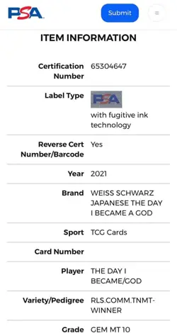 Weiss Schwarz The Day I Became a God Hina Sasaki Ayane PSA10 Gem Mint Card - Image 2