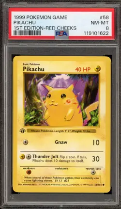 Pokemon Pikachu Base Set Shadowless 1st Edition Red Cheeks #58 PSA 8 - Image 1