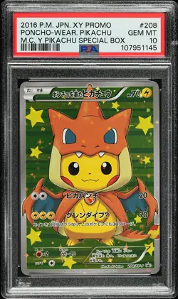 2016 POKEMON JPN PROMO 208/XY-P PONCHO-WEARING PIKACHU MEGA CHARIZARD Y PSA 10 - Image 1