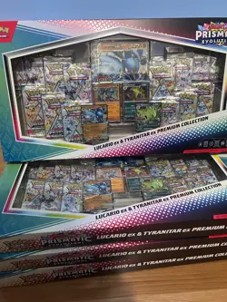 4 x Pokemon Prismatic Evolutions Lucario EX and Tyranitar EX Premium Collection - Image 1